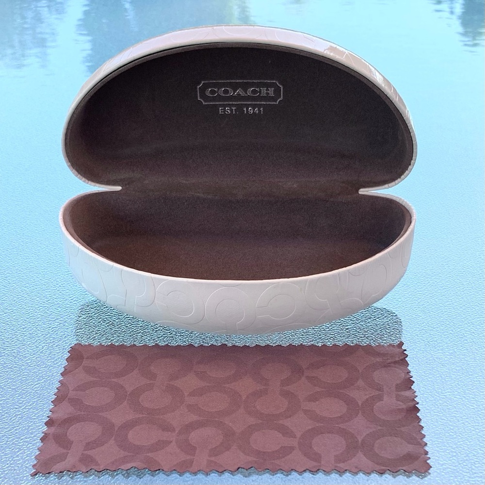 COACH White Signature C Clam Shell Sunglasses Hard Case with Brown C Logo Cloth